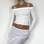 White Bow Off Shoulder Long Sleeve Top
