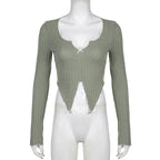 Green Lace Split Patchwork Long Sleeve T-shirt