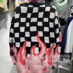 Cute Hot Pink Flames Fire Checkerboard Plaid Oversized Knit Sweater Pullover Aesthetic Casual E-Girl Kawaii Korean Japanese Harajuku