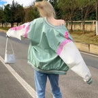Retro Vintage Pastel Heart Ribs Print Oversized Long Sleeve Zipper Hoodie Sweatshirt Aesthetic Casual E-Girl Kawaii Korean Japanese Harajuku