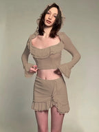 2PCS Hoodie Long Sleeve Top + Mini Skirt
