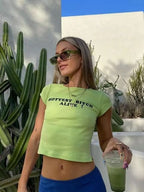 Green Hottest B Alive Letter Print Short Sleeve Shirt Crop Top Summer Aesthetic Casual E-Girl Kawaii Korean Japanese Harajuku