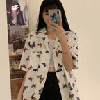 Cute Vintage White Butterfly Print Button Up Pocket Blouse Short Sleeve Shirt Top Loose Aesthetic E-Girl Kawaii Korean Japanese Harajuku Streetwear