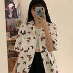 Cute Vintage White Butterfly Print Button Up Pocket Blouse Short Sleeve Shirt Top Loose Aesthetic E-Girl Kawaii Korean Japanese Harajuku Streetwear
