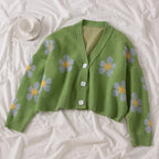 Cute Vintage Flower V Neck Long Sleeve Knit Cardigan Sweater Sweatshirt Pullover Jumper E-Girl Kawaii Korean Japanese Harajuku Streetwear