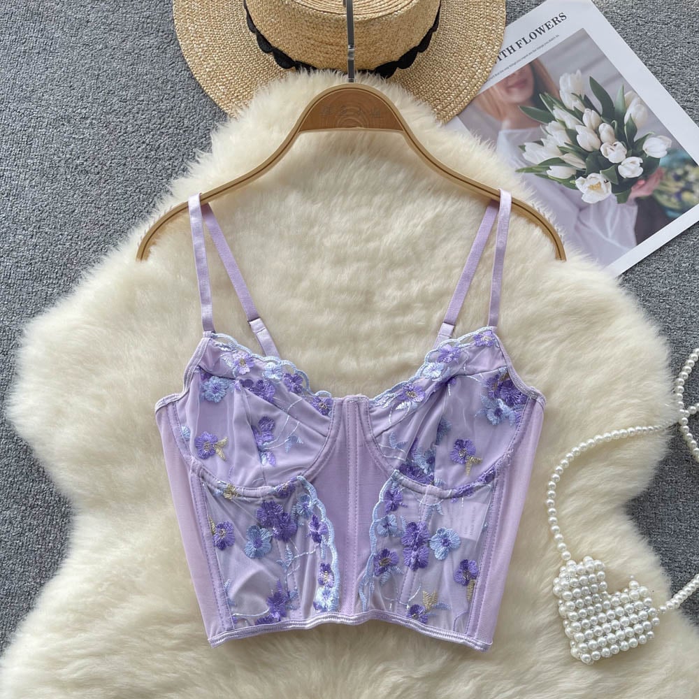 Purple Flower Embroidery Corset Top