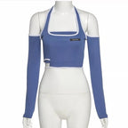 Blue Patchwork Halter Off Shoulder Hollow Crop Top Long Sleeve T-shirt Streetwear Summer Aesthetic Casual E-Girl Kawaii Korean Japanese Harajuku