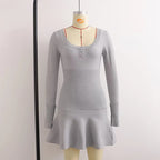 Blue Knit Long Sleeve Button Mini Dress
