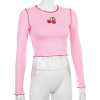 Cute Pink Cherry Fruit Embroidery Crop Top Long Sleeve Shirt T-shirt Causal Tee Summer E-Girl Kawaii Korean Japanese Harajuku Streetwear