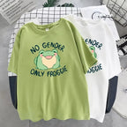 Cute Green Frog No Gender Funny Cartoon Print Short Sleeve T-shirt Oversize Loose Aesthetic Casual Summer E-Girl Kawaii Korean Japanese Haraju