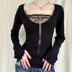 Black Lace Patchwork Long Sleeve Shirt