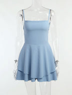 Blue Double Layer Backless Dress