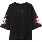 Fox Anime Cartoon Print Vintage Black T-shirt Short Sleeve Tee Shirt Causal Summer Top E-Girl Kawaii Korean Japanese Harajuku Streetwear