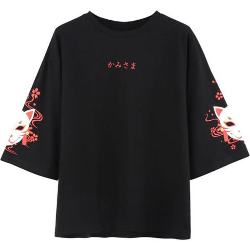 Fox Anime Cartoon Print Vintage Black T-shirt Short Sleeve Tee Shirt Causal Summer Top E-Girl Kawaii Korean Japanese Harajuku Streetwear