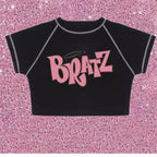 Cute Black Bratz Cartoon Vintage Sexy Crop Top Short Sleeve Shirt Tee T-shirt Summer Casual E-Girl Kawaii Korean Japanese Harajuku Streetwear
