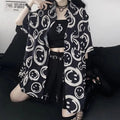 Black Smiley Happy Face Cartoon Print Button Down Oversize Short Sleeve Shirt Goth Aesthetic Casual Summer E-Girl Kawaii Korean Japanese Harajuku
