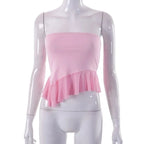 Pink Ruffle Irregular Mesh Tube Top