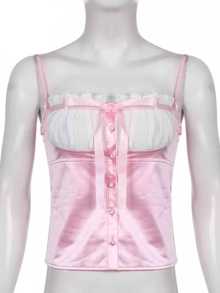 Sweet Elegant Bow Satin Crop Top Aesthetic Casual E-Girl Kawaii Korean Japanese Harajuku
