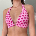 Cute Pink Heart Print Halter Bustier Crop Top Sleeveless Backless Lace Up Bralette Summer Casual E-Girl Kawaii Korean Japanese Harajuku Streetwear