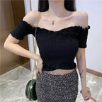 Cute Sexy Knit Crochet Off Shoulder Crop Top Shirt Tee T-shirt E-Girl Kawaii Korean Japanese Harajuku Retro Streetwear Aesthetic