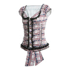 Plaid Ruffle Square V Neck Short Sleeve Top