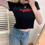 Pastel Pink Baby Embroidery Knit Short Sleeve Shirt Top T-shirt Summer Casual E-Girl Kawaii Korean Japanese Harajuku Streetwear