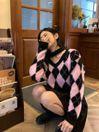 Black & Pink Lattice V Neck Sweater