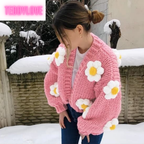 Cute Pink Daisy Flower Knit Crochet Loose Cardigan Long Sleeve V Neck Sweater Aesthetic E-Girl Kawaii Korean Japanese Harajuku