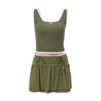 2PCS Green & Pink Lace Spaghetti Strap Top + Drawstring Skirt Set