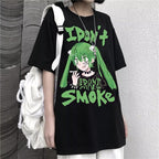 Anime Girl Smoke Cartoon Print Loose Oversized Short Sleeve T-shirt Top Summer Causal Goth Punk E-Girl Kawaii Korean Japanese Harajuku Streetwear