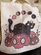 Cute Cat Skull Print Reusable Shopping Bag Canvas Tote Shoulder Bag Aesthetic Casual E-Girl Kawaii Korean Japanese Harajuku