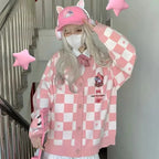 Japanese Anime Embroidery Checkboard Sweater