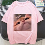 Cute Pink Funny Cat Kitten Meme Cartoon Print Loose Short Sleeve Short T-shirt Tee Top Summer Casual E-Girl Kawaii Korean Japanese Harajuku Streetwear