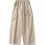 Cute Black Khaki Bear Embroidery Wide Leg Pants Women Casual High Waisted Loose Long Straight Bottom E-Girl Kawaii Korean Japanese Harajuku Streetwear