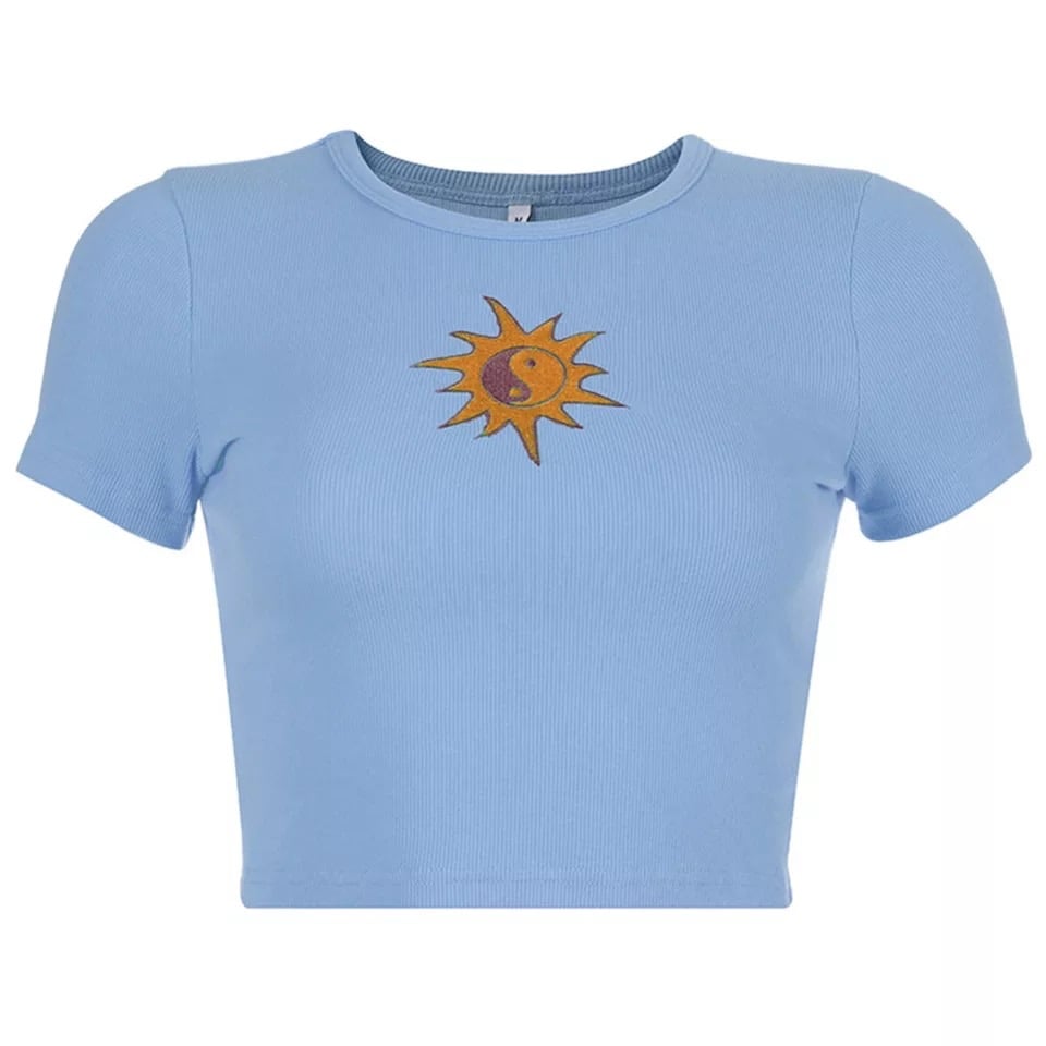 Cute Ying Yang Sun Embroidery Short Sleeve Shirt Crop Top Tee T-shirt E-Girl Kawaii Korean Japanese Harajuku Chinese Retro Streetwear Aesthetic
