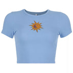 Cute Ying Yang Sun Embroidery Short Sleeve Shirt Crop Top Tee T-shirt E-Girl Kawaii Korean Japanese Harajuku Chinese Retro Streetwear Aesthetic