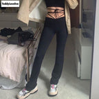 Cute Sexy Black High Waisted Thin Bandage Wrap Tie Pant Trousers Joggers E-Girl Kawaii Korean Japanese Harajuku Chinese Retro Streetwear Aesthetic
