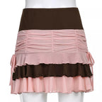 Brown Vintage Patchwork Pleated Ruffle Mini Skirt