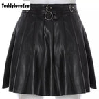 Sexy Black Goth Grunge Punk Summer Zipper Rivet Pleated PU Skirt Metal Ring Hallow Out E-Girl Kawaii Korean Japanese Harajuku Streetwear