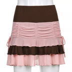 Brown Vintage Patchwork Pleated Ruffle Mini Skirt