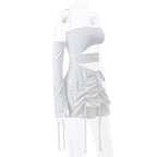 White Hollow Out Drawstring Strapless Mini Dress