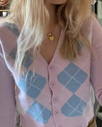 Cute Pink Geometrical Chic Vintage Knit Cardigan Sweater Top Shirt Winter Autumn E-Girl Kawaii Korean Japanese Harajuku Chinese Retro Streetwear
