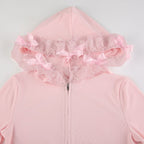 Pink Lace Ruffle Hem Cropped Zipper Hoodie