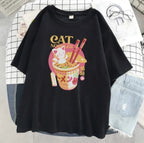 Cute Cat Noodle Ramen Graphic Cartoon Print Loose Short Sleeve T-shirt Aesthetic Casual Summer E-Girl Kawaii Korean Japanese Harajuku