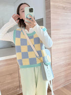 Blue & Yellow Checkered Crochet Sweater Vest