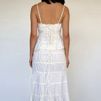 2PCS White Ruffle Camisole + High Waist Long Skirt