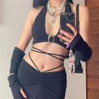 Black Metal Buckle Halter Top with Sleeves