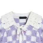 Fluffy Purple & White Plaid Cardigan