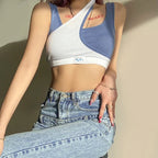 Cute Blue Patchwork Crop Top Sleeveless Shirt Tank Vest Party Club Summer Aesthetic Casual E-Girl Kawaii Korean Japanese Harajuku