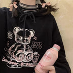 Cute Black Bear Cartoon Print Loose Long Sleeve Hoodie Sweatshirt Sweater Pullover Jumper Punk Goth E-Girl Kawaii Korean Japanese Harajuku Streetwear